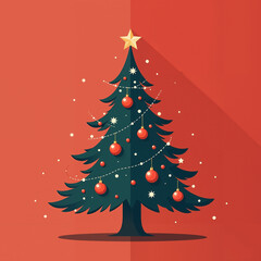 Fototapeta premium Graphic illustration of a Christmas tree with ornaments and star on red background