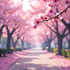 Beautiful cherry blossom pathway with falling petals in spring