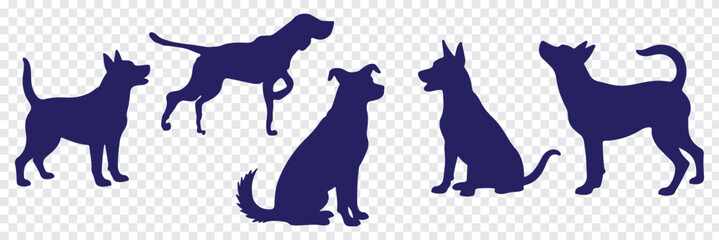 Set of silhouettes of dogs of different breeds in different poses. Set of pet silhouettes. Vector illustration. veterinary, Dog show, pet store, Isolated on white background. Variety dog silhouettes.