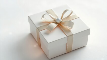 Obraz premium Close up of a white gift box with a gold ribbon and bow on a white background in soft lighting