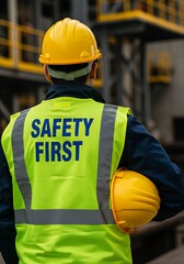 Back view of construction worker wearing safety vest and yellow hard hat holding helmet