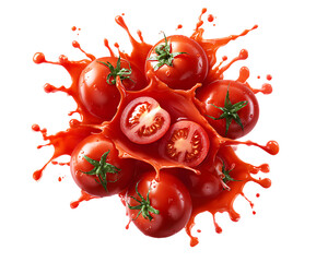Juicy red tomatoes splashing with tomato juice isolated on transparent background