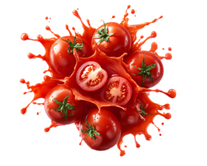 Juicy red tomatoes splashing with tomato juice isolated on transparent background