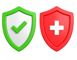 Obraz premium Set of green and red shields with glossy surface and classic emblem shapes isolated on white background