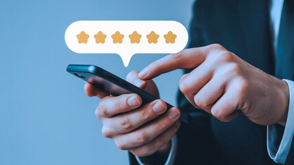 A close-up photograph of hands using a black smartphone against a light gray background. The hands are wearing a dark suit sleeve