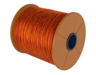 Electric induction coil with copper wire wrapped around spool for electromagnetic use isolated on white background