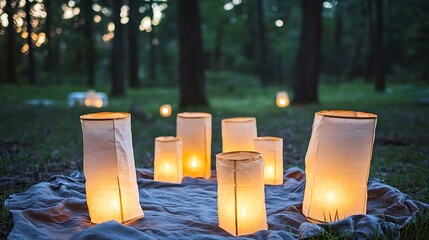 Peaceful gathering in a dark forest clearing where glowing lanterns create a serene circle of light