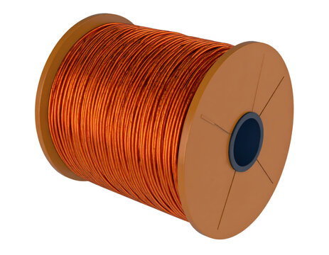 Electric induction coil with copper wire wrapped around spool for electromagnetic use isolated on white background