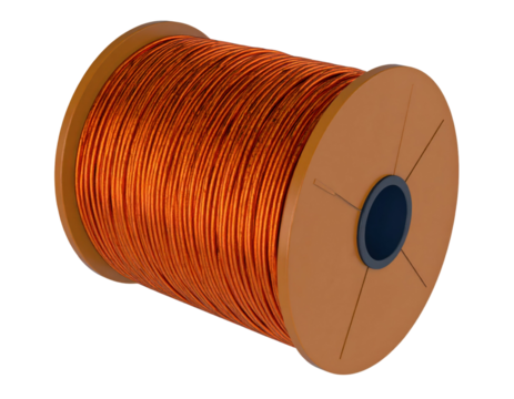 Electric induction coil with copper wire wrapped around spool for electromagnetic use isolated on white background