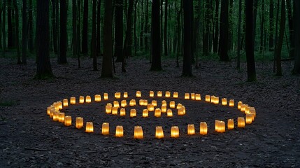 Peaceful gathering in a dark forest clearing where glowing lanterns create a serene circle of light