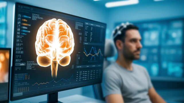 Patient Brain Activity with EEG Headset on a Computer Displaying Neural Data, Research Shows During Scanning : Brain-Computer Interface Research, Innovation in Cognitive Research and Diagnostics