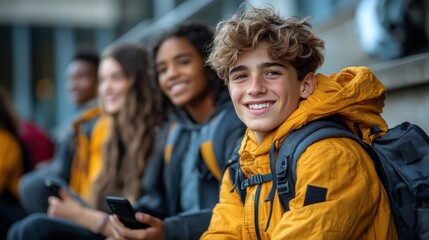 Happy Teenagers Students Group Sitting at the School Stairs