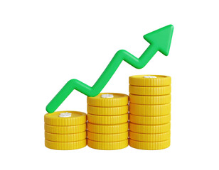 Stack of dollar coins with upward growth arrow symbolizing financial success and investment progress isolated on white background