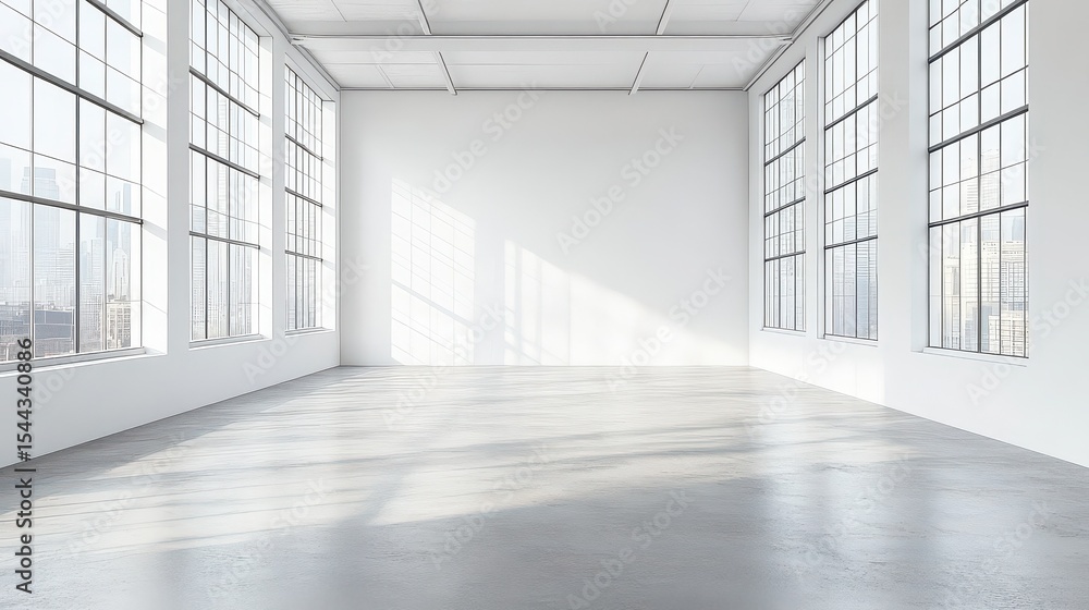 Poster an empty white room with large windows and concrete floor casting shadows from the outside light