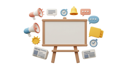 Blank whiteboard on wooden stand with floating school-related icons representing education and learning isolated on a transparent background, png, cutout.