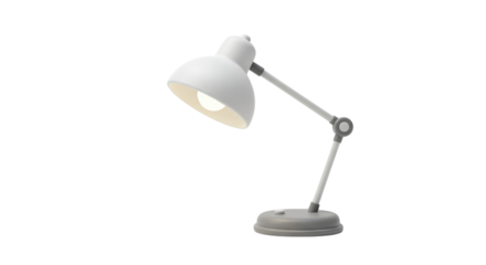 Modern white desk lamp in 3D style representing study or workspace lighting isolated on a transparent background, png, cutout.