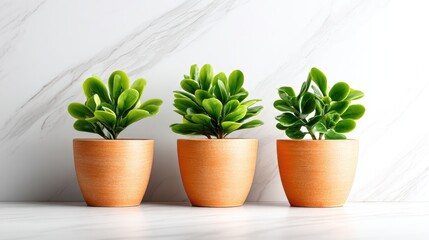 Fototapeta premium Terracotta pots with small plants against a marble surface.