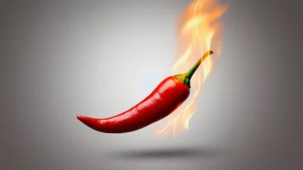 Plexiglas schilderij Hete pepers Fiery red chili pepper on a dark background, surrounded by flame and smoke. Symbol of hot pungency and spicy taste.  © Olga