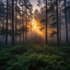Explore the first light of sunrise spilling over a misty forest, lighting treetops like fire