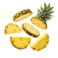 Fresh Pineapple Pieces Flying – Transparent or White Background