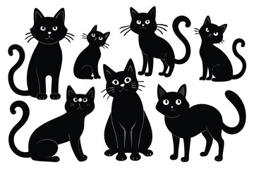A set of six stylized black cat silhouettes on a white background.