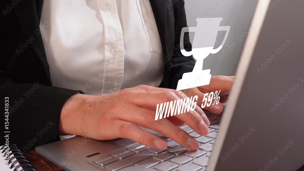 Poster woman working on computer with fill animation of trophy icon with progress and percentage counter, w