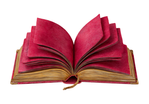 Crimson leather bound book open pages gilt edges, On Transparent Background, Png Image