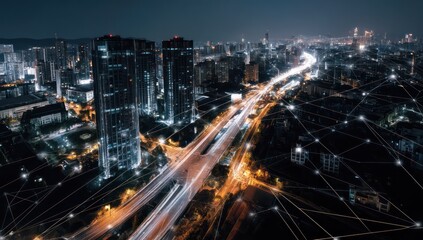 Digital smart cityscape powered by AI, highlighting interconnected technologies.