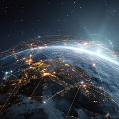 Global telecommunication network visualized from space, showcasing IoT and digital finance integration.