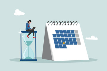 Calendar deadline to complete work, time countdown until launch date, reminder or planner, organize work or project management concept, businessman working with laptop on sand glass and calendar date.