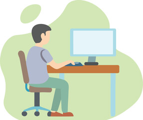 Man Working on Computer at Desk Vector Illustration