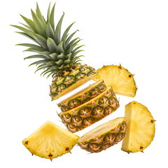 Fresh Pineapple Pieces Flying – Transparent or White Background