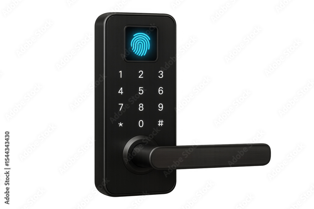 Poster smart door lock with fingerprint scanner and keypad on transparent background