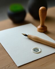 Textured Paper with White Wax Seal and Wooden Stamp