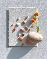 Textured Paper with Smooth Stones and Yellow Flowers