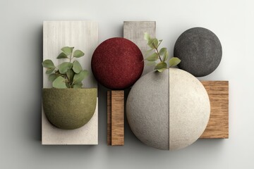 Textured Sphere Collage with Wood and Plants
