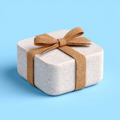 Textured Square Gift Box with Tan Ribbon on Light Blue Background
