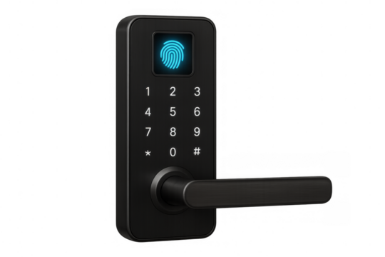 Smart door lock with fingerprint scanner and keypad on transparent background