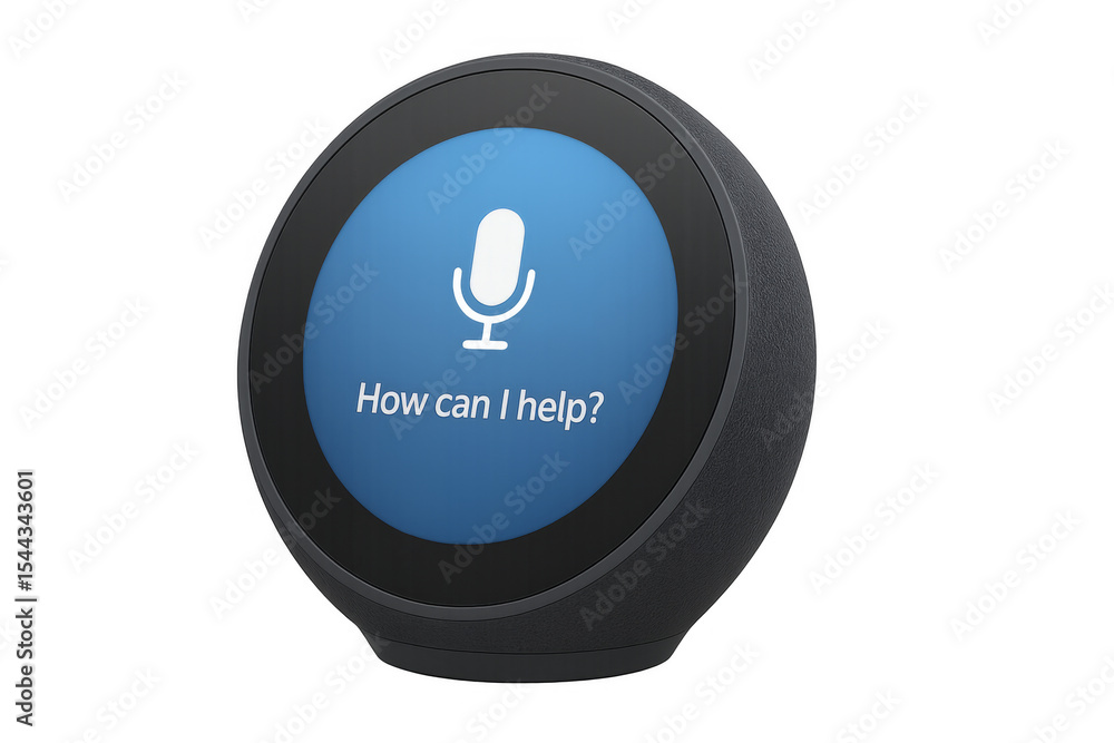 Aufkleber smart speaker displaying microphone icon and how can i help? message on transparent background