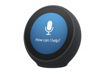 Smart speaker displaying microphone icon and how can i help? Message on transparent background