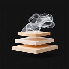 Three Beige Wooden Boards with Ethereal Smoke in Dark Void