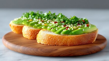 Three Avocado Toasts on Sourdough with Sesame Seeds and Parsley
