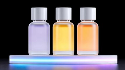Three Glass Bottles with Colorful Liquids on Illuminated Acrylic Riser