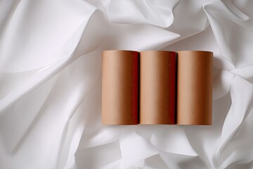 Three Brown Paper Tubes on White Crumpled Fabric