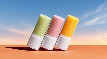 Three Glittery Lip Balm Tubes Arranged Diagonally Against a Desert Landscape