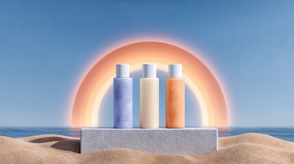 Three Pastel Bottles on Beach Display Stand at Sunset