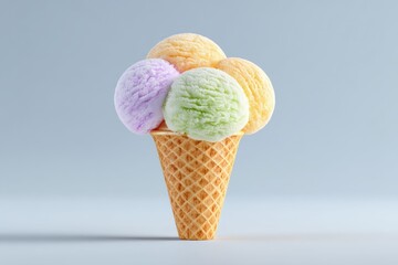 Three Pastel Scoops of Ice Cream in a Waffle Cone