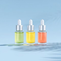 Three Skincare Bottles with Droppers on Blue Background