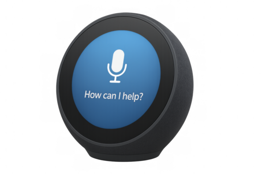 Smart speaker displaying microphone icon and how can i help? Message on transparent background