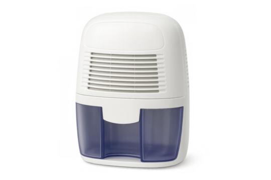 Portable dehumidifier removing excess moisture on transparent background